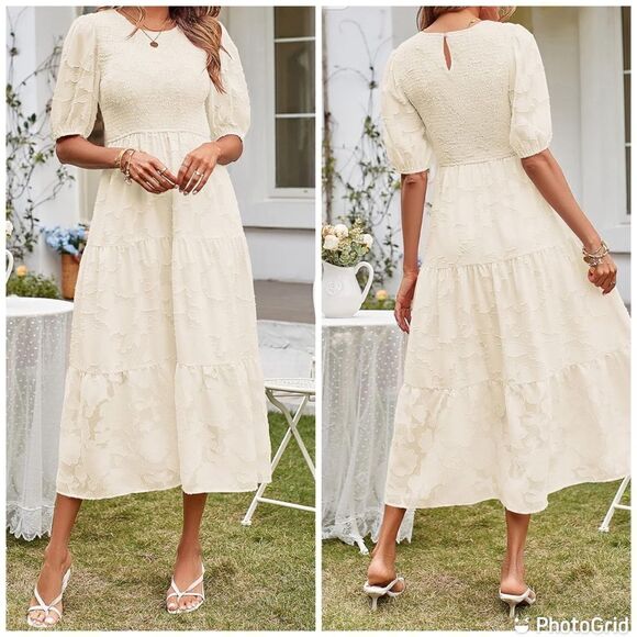 Dresses & Skirts - NWT MEROKEETY Summer Puff Sleeve Smocked Crewneck Lace Flowy Tiered Midi Dress